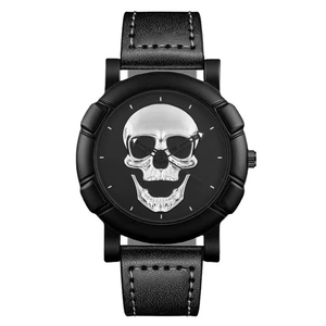 Hip hop skull men's watch with matte black case and silver 3D embossed dial