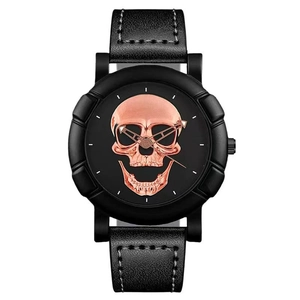 Men's hip hop sport watch with black leather strap and 3D rose gold skull on dial