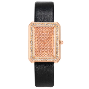 Orologio donna quadrato elegante in oro rosa con diamanti e cinturino in pelle nera