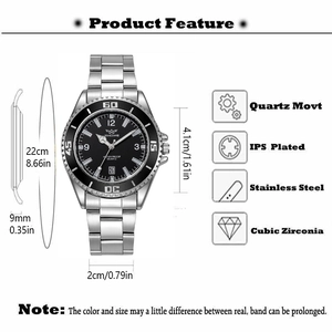 Men's quartz watch with silver steel band, black dial and 4.1cm case size dimensions