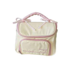 Grande trousse de maquillage blanc crème avec nœuds roses et texte brodé