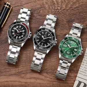Three men's quartz watches with stainless steel bands and colorful dive style bezels