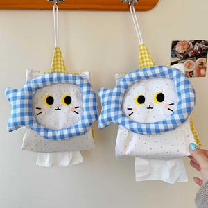 Hanging cute cat tissue holder with blue fish pattern and embroidery details