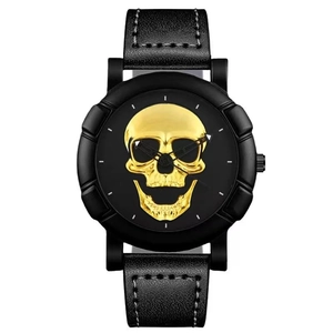 Men's Quartz Watch Metal Case Faux Leather Strap 3D Skull Relief Punk Hip Hop Fashion Wristwatch