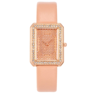 Orologio rettangolare oro rosa con strass scintillanti e cinturino in pelle rosa