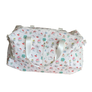 Large capacity travel bag with cute cartoon cat pattern and white woven handles