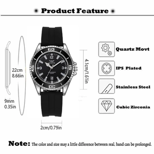 Detailed specifications of quartz sports watch with dimensions and features guide
