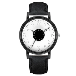 Minimalist black matte leather watch with unique Arabic and standard numeral dial