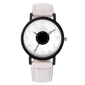 Detailed top view of a modern quartz watch with numeric dial and matte leather strap