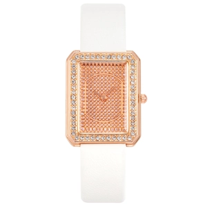 Orologio rettangolare oro rosa da donna con ghiera di cristallo e cinturino bianco