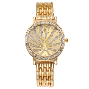 Montre Femme Quartz Mode Lunette Strass Or Alliage Bracelet Cadran Rayon De Soleil Luxe Analogique Poignet