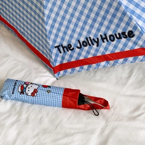 Detail of Hello Kitty umbrella with blue checkered pattern and matching storage sleeve