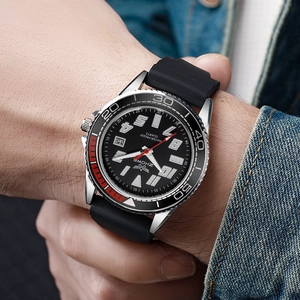ZHOWE men's quartz diving watch with red accent bezel and black silicone strap on wrist