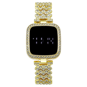 Luxury gold LED digital watch for women featuring a crystal encrusted square dial and band