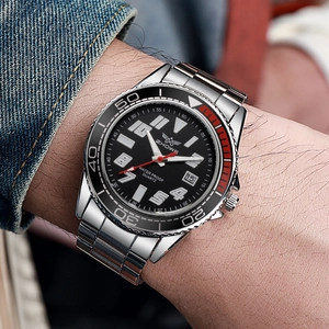 Men's quartz watch with black red bezel silver steel band and date magnifier