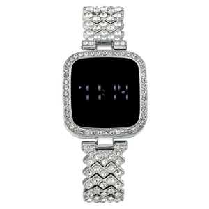 Women LED Digital Watch Square Rhinestone Encrusted Alloy Case Stainless Steel Strap Touch Screen Fashion Luxury