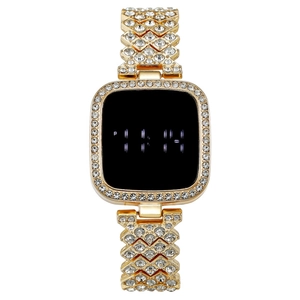 Luxury gold LED touch screen watch for women with sparkling rhinestone-encrusted metal band