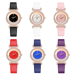 Set relojes de cuarzo para mujer con correas de cuero y cajas de oro rosa con pedrería