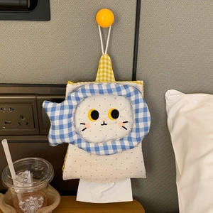 Detail of hanging cat tissue holder with polka dots, embroidery, and yellow checkered straps