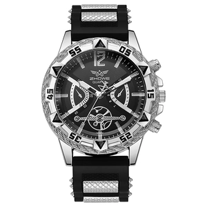 Detailed macro view of the silver alloy bezel and textured silicone strap on men's sport watch