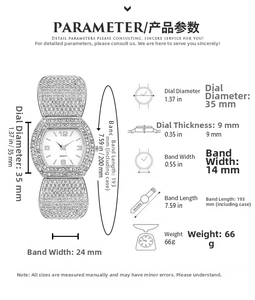 Detailed size chart for rhinestone tonneau watch with precise dial and band dimensions