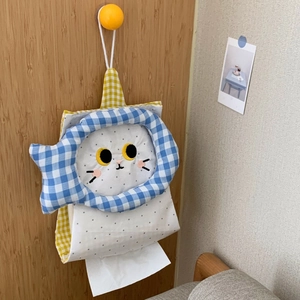 Detail of cute cat embroidery on hanging tissue bag with yellow plaid strap