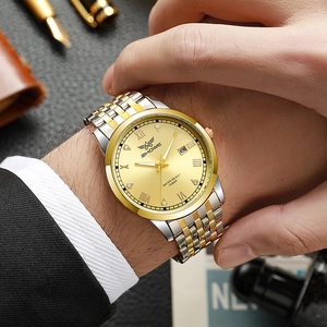 Men's business quartz watch with gold-silver steel strap and calendar display