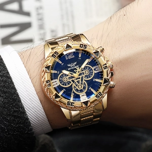 Montre de luxe pour hommes en acier inoxydable doré avec cadran bleu et sous-cadrans