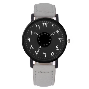 Minimalist quartz watch with Eastern Arabic numerals and grey faux leather strap