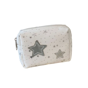 White portable star pattern makeup bag with silver sequin appliques and zipper closure
