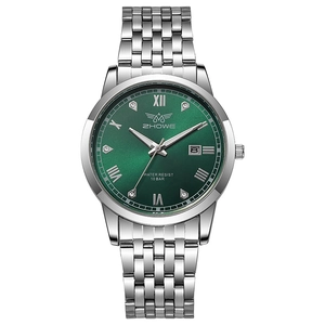 Detail of silver steel link bracelet and deep green dial with Roman numeral date window