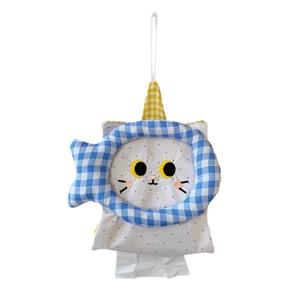 Cute cat tissue holder with hanging strap and polka dot fabric for home or car decor