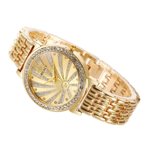 Montre quartz dorée élégante pour femme avec lunette diamantée et cadran rayon de soleil