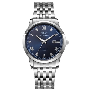Detail of blue sunray dial men's steel watch with date window and 10 bar water resistance