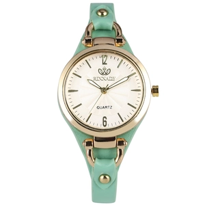 Orologio al quarzo da donna con cassa dorata, cinturino con borchie menta e quadrante avorio