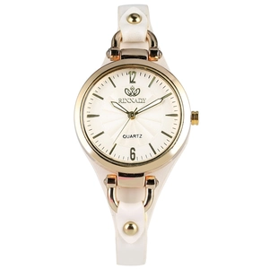 Orologio al quarzo chic da donna con cassa dorata e cinturino sottile in pelle bianca casual