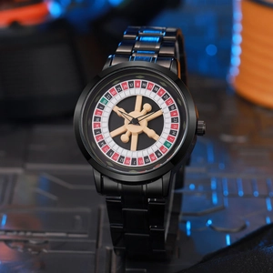 Macro detail of men's watch featuring a unique spinning casino roulette dial design