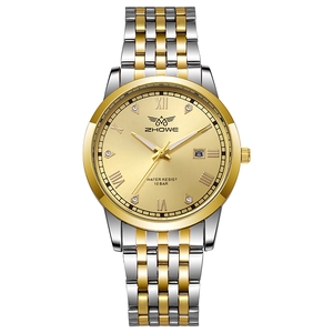 Classic men's business watch with two-tone steel strap and champagne gold sunray dial
