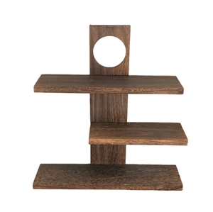 Three-tier solid wood display rack with asymmetrical shelves and circular top cutout