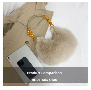 Detailed flat lay of a beige fuzzy hobo bag with colorful wooden bead handle on trench coat