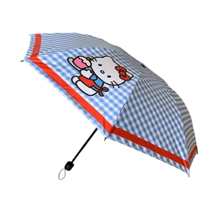 Cute Hello Kitty foldable umbrella with blue gingham pattern and UV protection coating