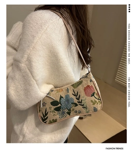 Close-up of intricate floral embroidery and fine fabric texture on this vintage shoulder bag