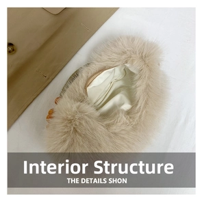 Detail view of the plush faux fur bag interior with metal zipper and soft lining