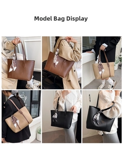 Detail shots showing large PU leather tote bag with silk scarf handle for daily commuting
