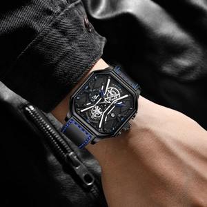 Detail of YOLAKO square men watch with black leather strap and blue stitching