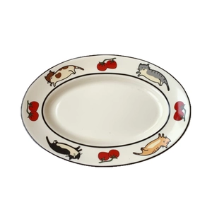 Assiette ovale en céramique avec motifs chats et tomates pour pâtes et fruits frais