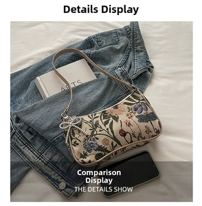 Detail of floral embroidery on canvas bag with a pearl bow charm and leather strap