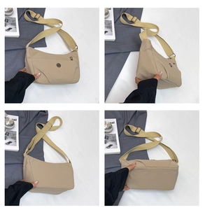 Detailed views of the khaki nylon crossbody bag with adjustable strap and metal logo