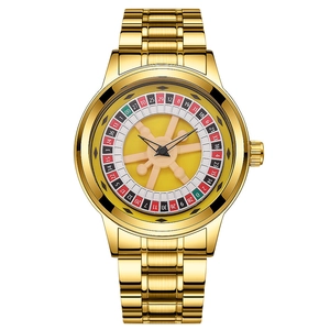 Gold stainless steel men's quartz watch featuring a unique Russian roulette dial design
