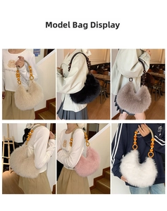 Collage of plush crescent bags with wooden bead handles in six different colors